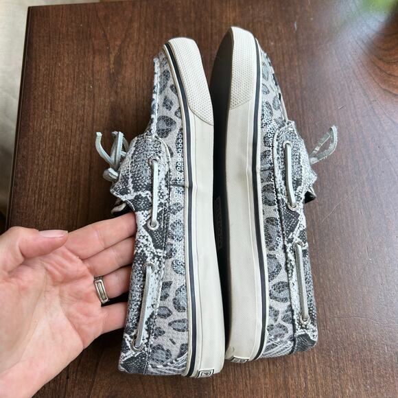 Sperry Shoes Women SZ 8 Sequin Top Sider Zebra Animal Black White Leather Lace - Picture 9 of 10
